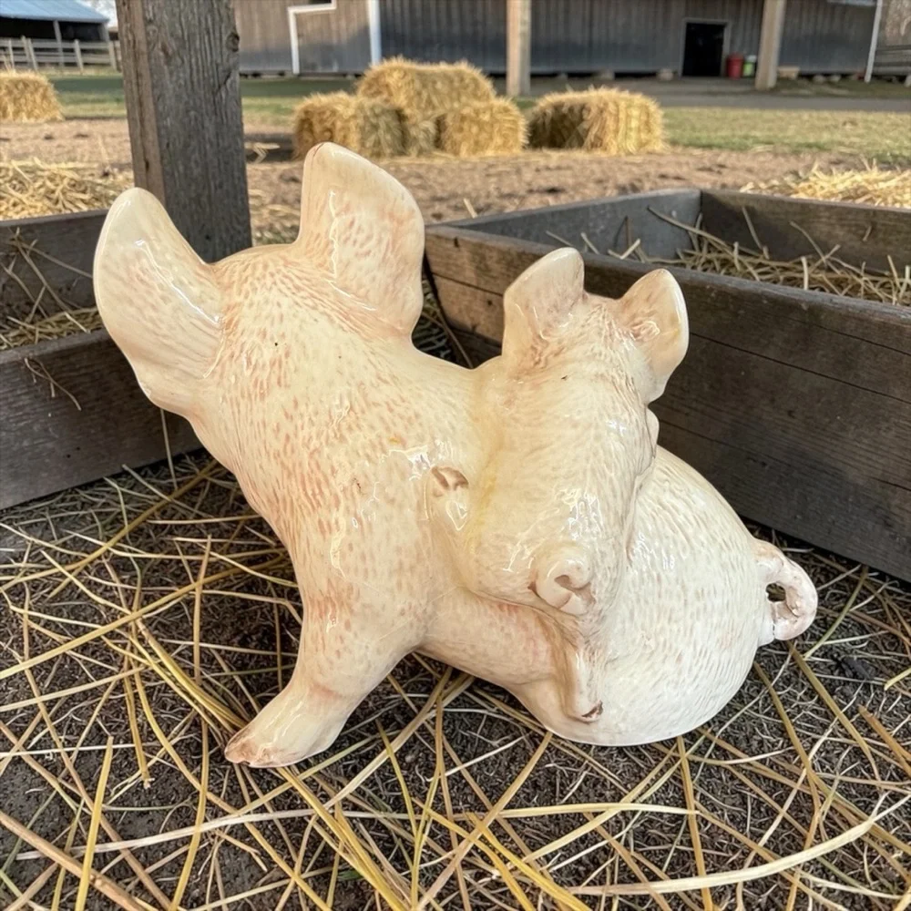 Vintage 1980s Ceramic Mother & Baby Pig Figurine Glass Eyes Farmhouse Decor